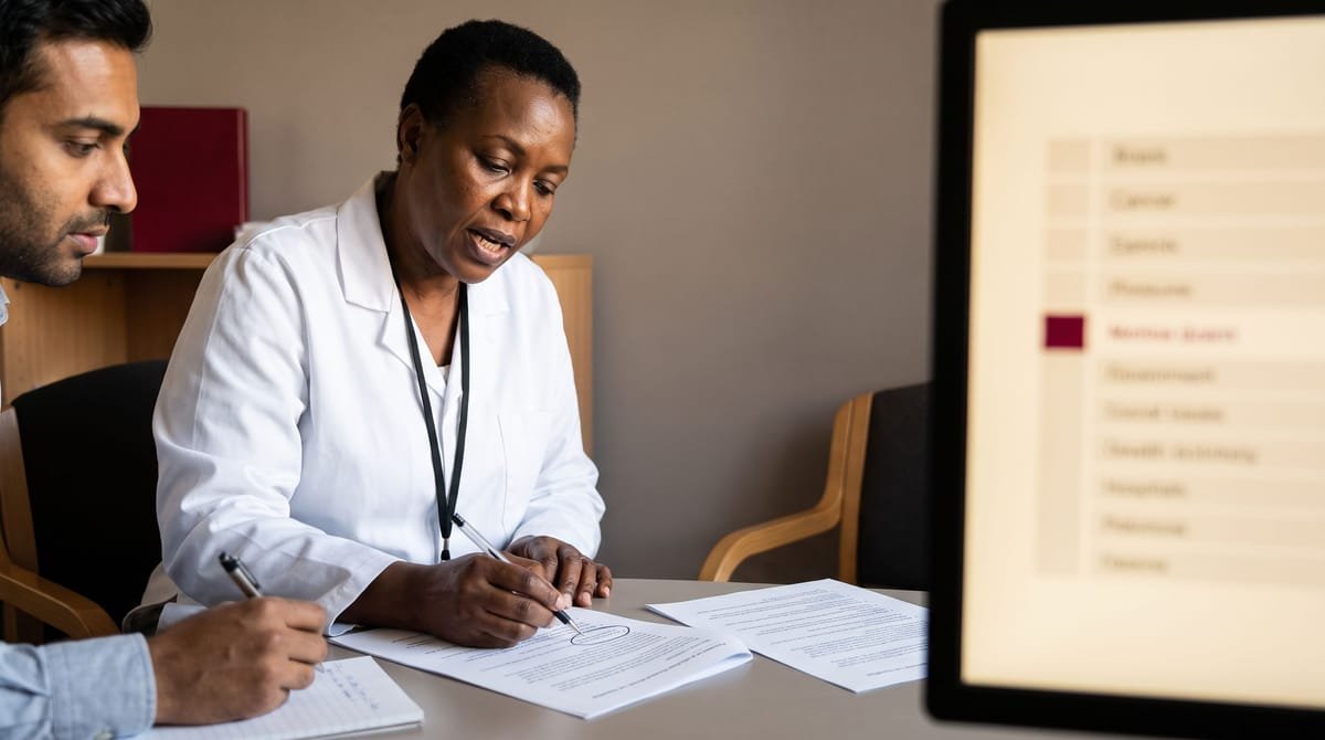 Standards field note: A clinical reviewer circling a term on a translated page while the linguist notes the correction.