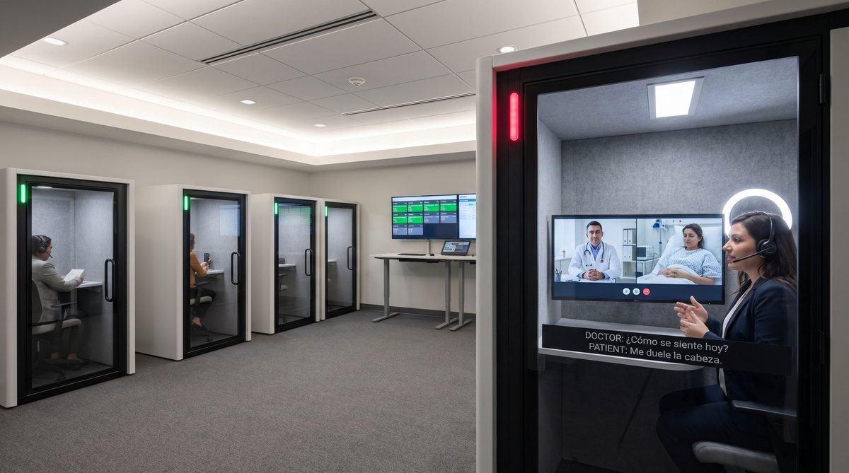 Video Remote Interpreting Services service: Video remote interpretation session in a healthcare setting.