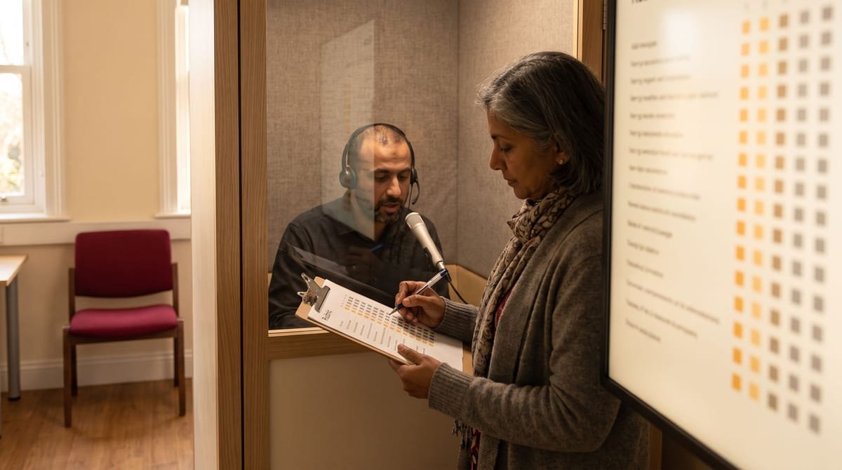 The gate before a live call: A candidate interpreter assessed in a booth.