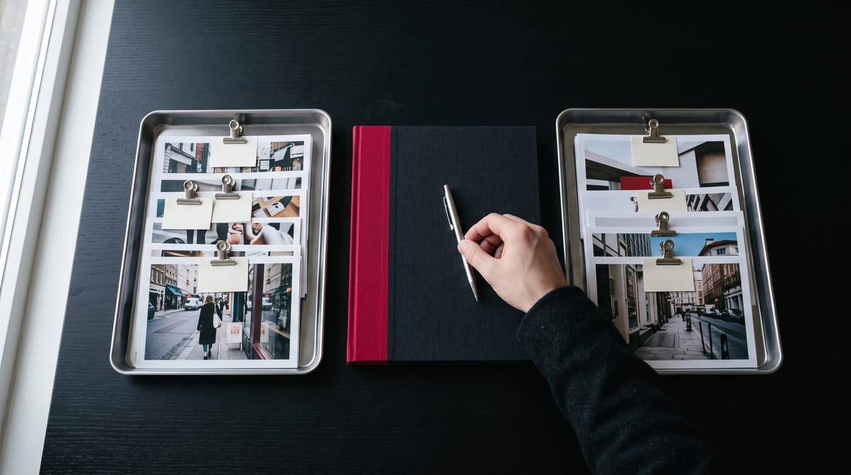 Two trays of image samples with blank label tags beside a red-spined rubric binder as a hand sets down a pen.