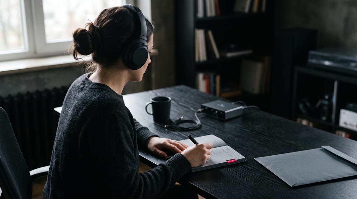 A reviewer in headphones listens to a recording beside a plain document sleeve pushed aside.