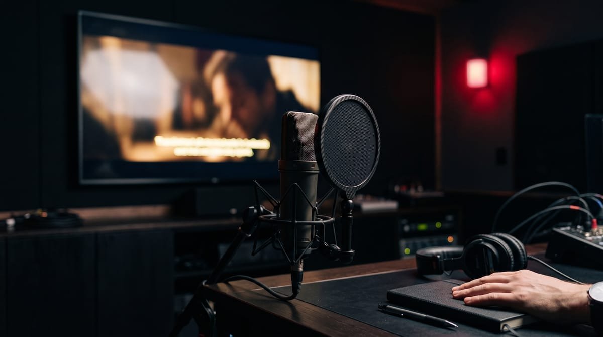 A studio microphone in front of a blurred film frame, a reviewer's hands resting on a closed notepad.