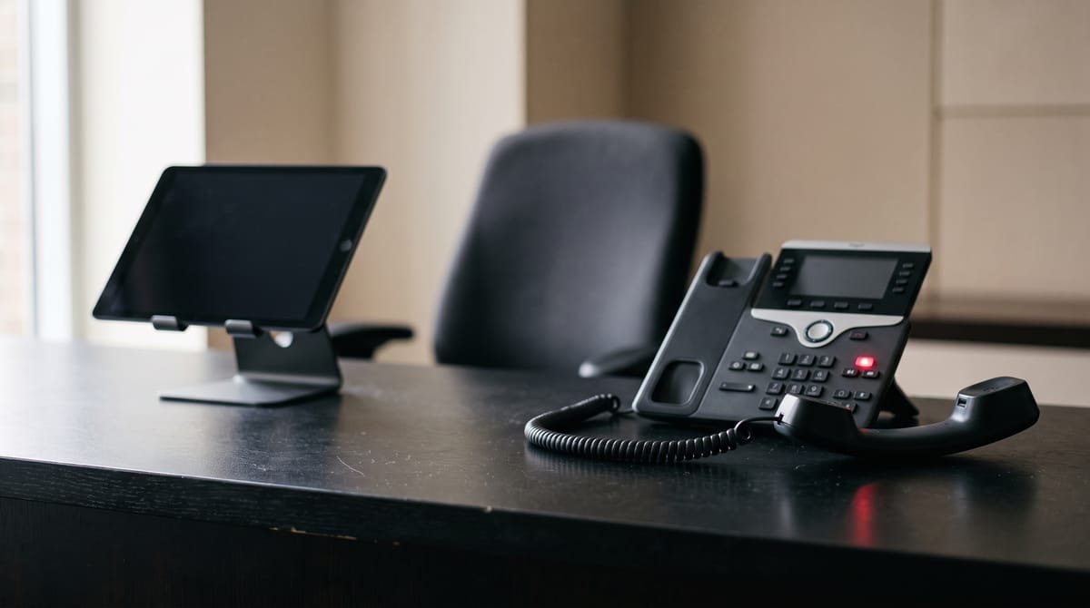 A tablet facing an empty chair beside a desk phone with its handset lifted.