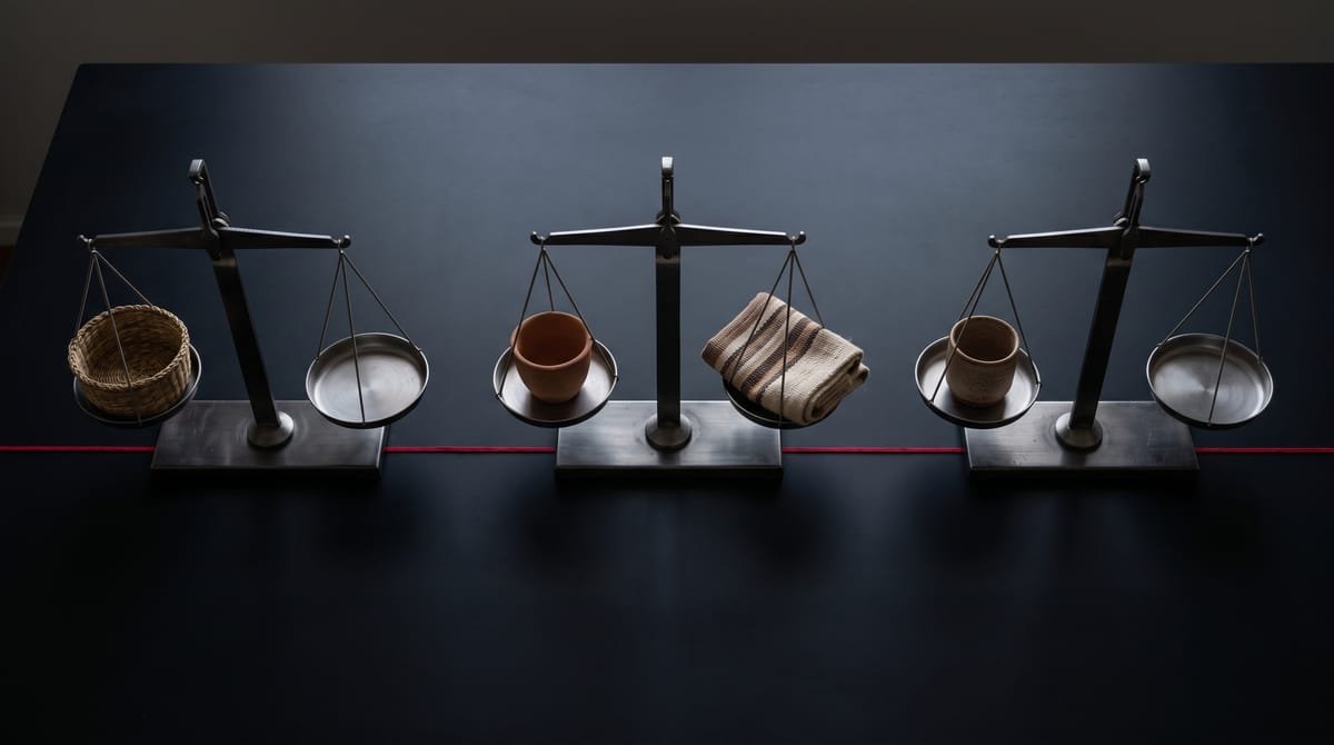 Three balance scales weigh a cup, a textile and a basket, joined by one red thread.
