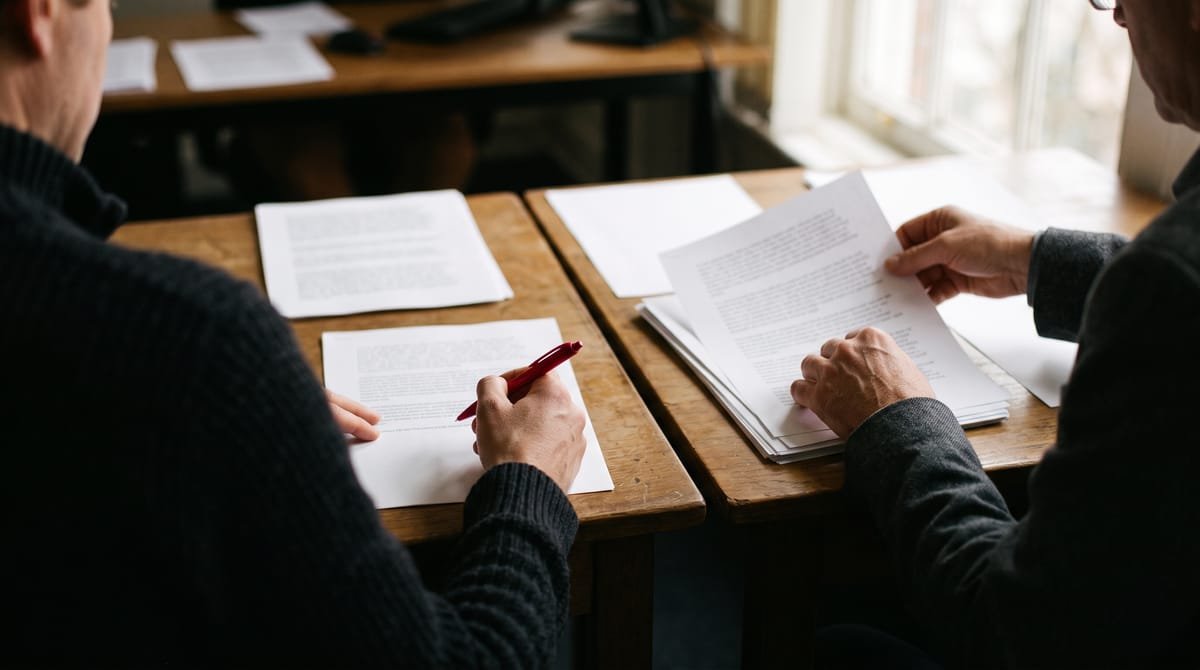 Two reviewers work through paired pages; one pauses with a red pen over a single line.