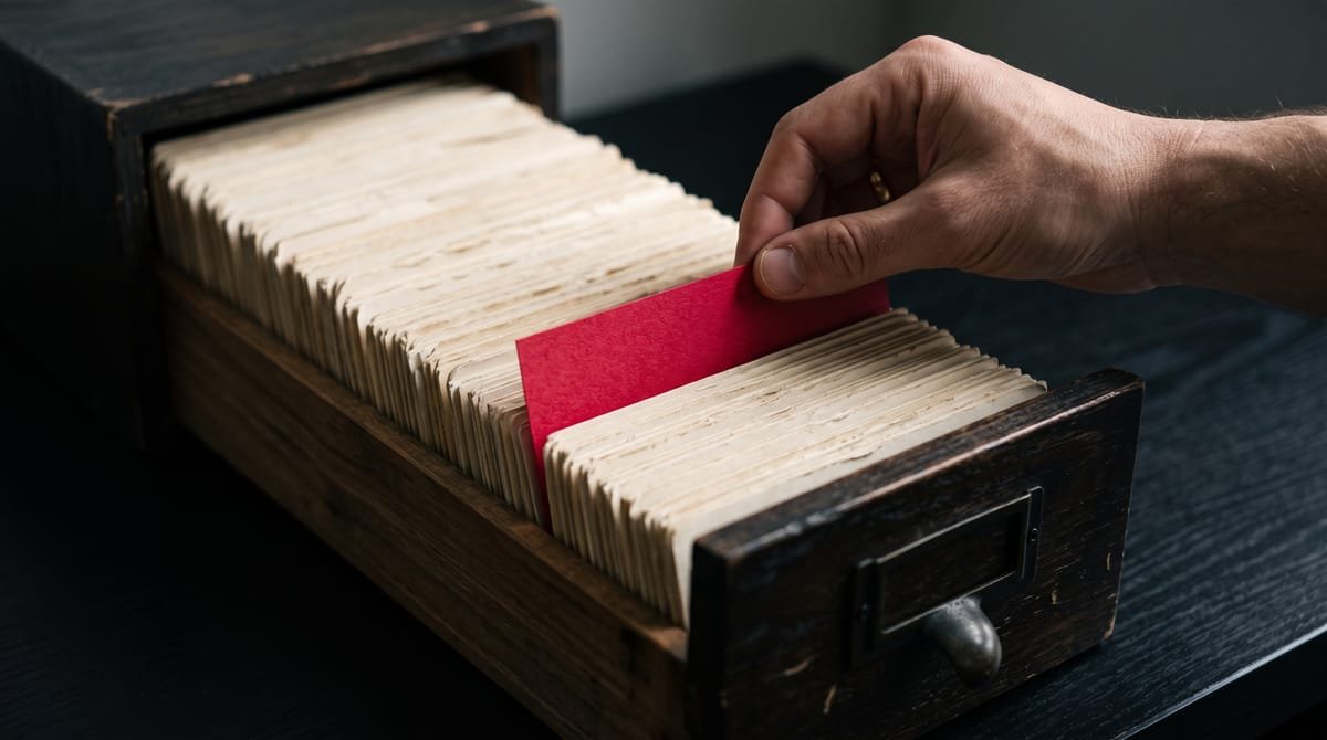 A hand sets a red divider card partway into a drawer of blank index cards.