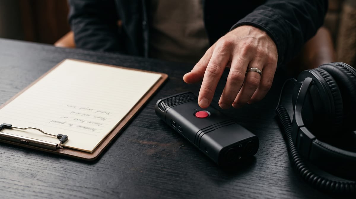 A hand hovers over a recorder's unpressed red button beside a clipboard and headphones.