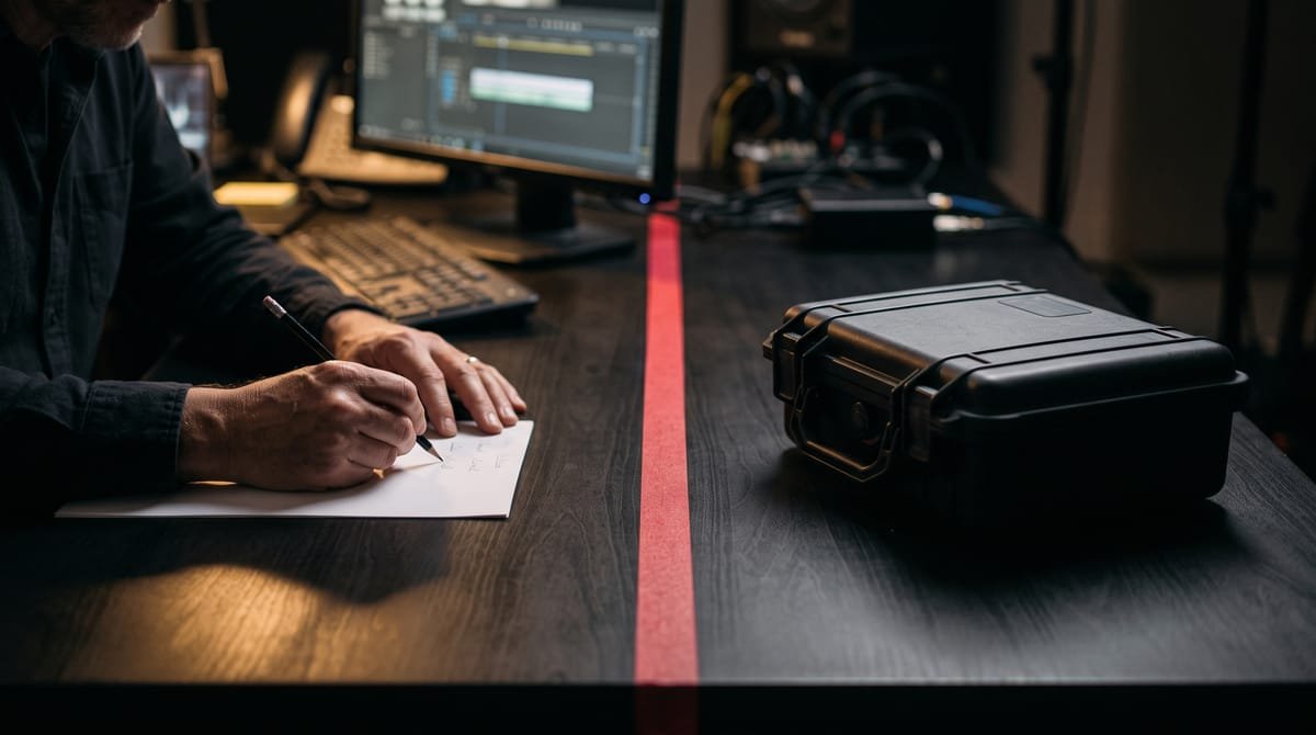 An editor marks a cue sheet on one side of a red line while a drive case waits on the other.