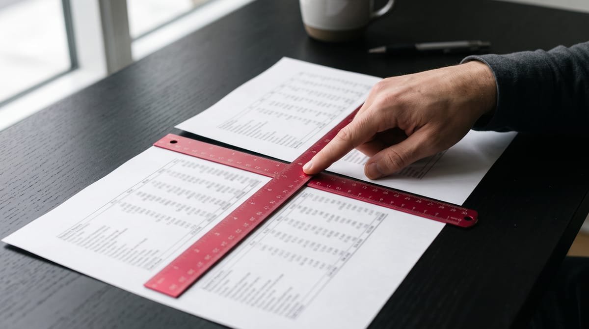 Red rulers line up the columns of two printed quality reports on a dark desk.