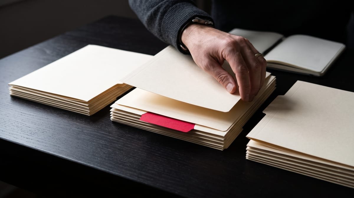 A hand sorts plain folders into three stacks, one marked with a blank red divider tab.