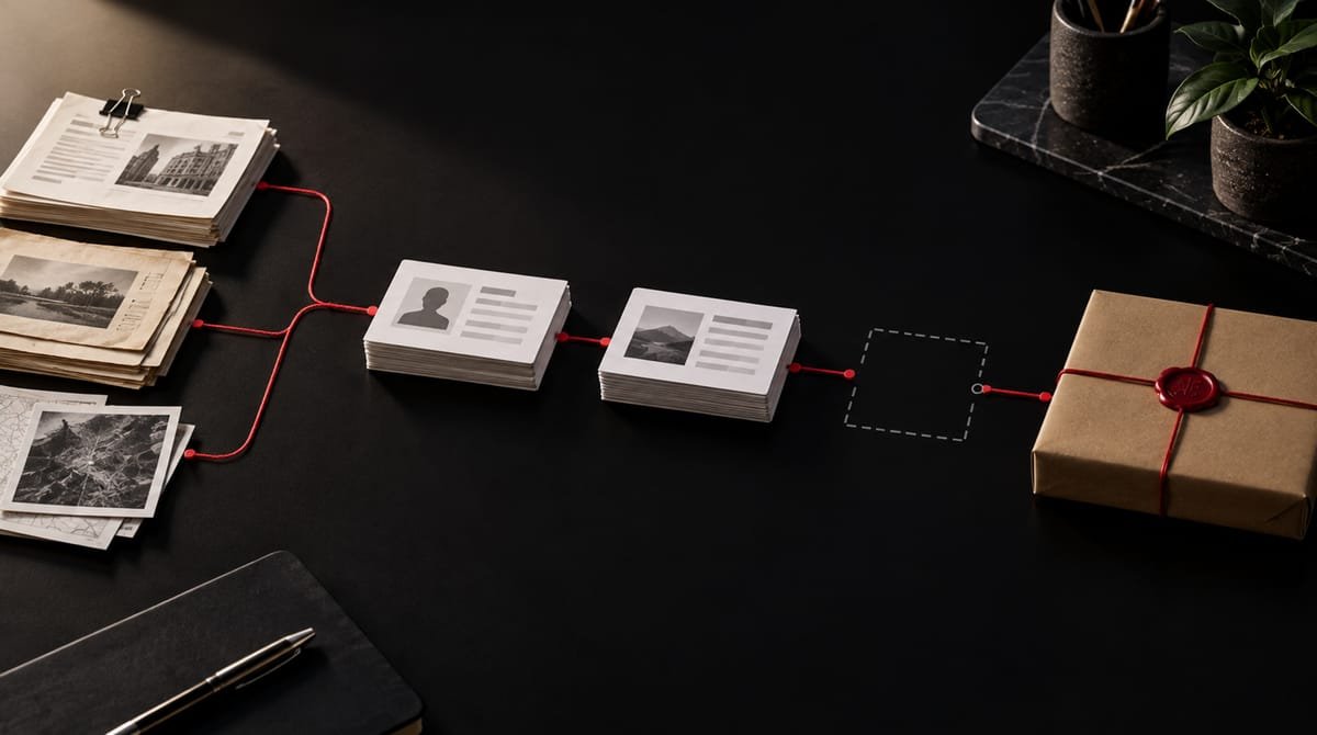 A red trace links source records and data cards, then stops at an open gap before a sealed parcel.