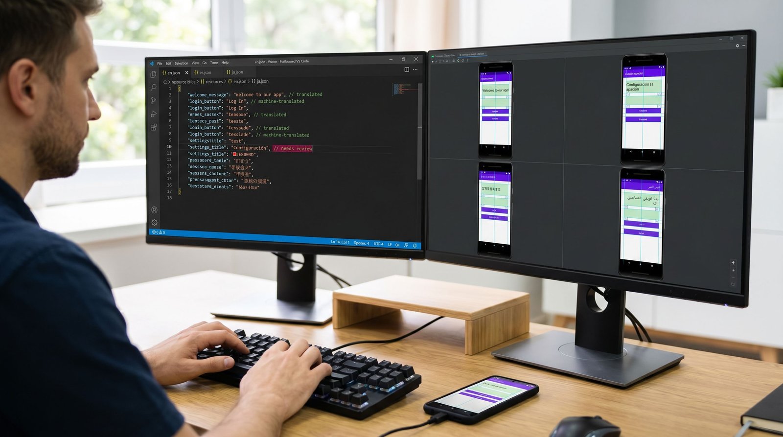 Multi-type annotation visual: Rare-language app localization and risk review workspace.