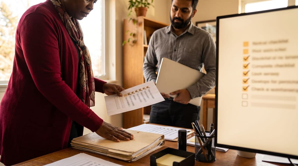 The checks that come before the work: Source material held closed against a readiness sheet where two checks are still…