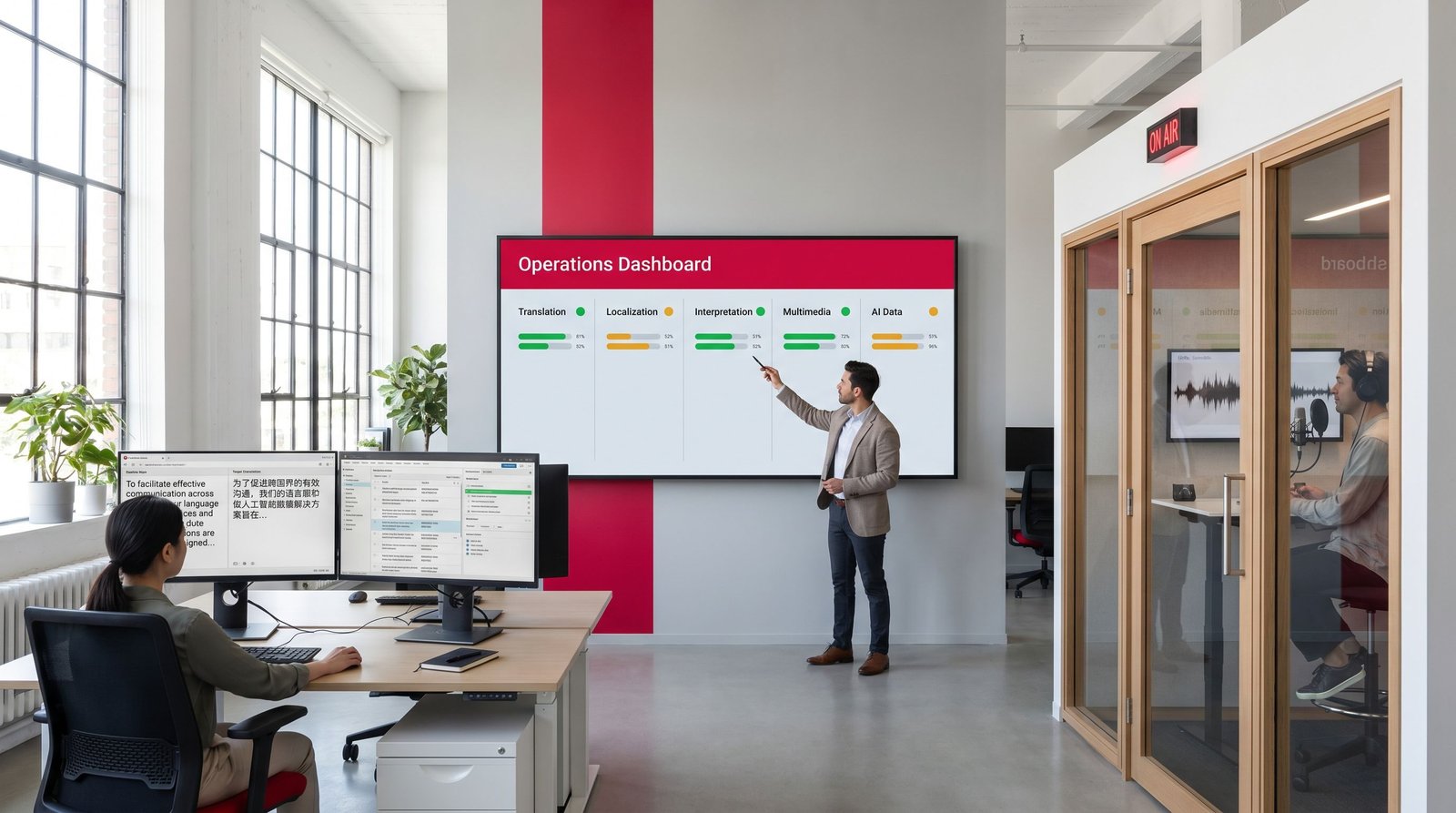 Industries hero: MoniSa operations dashboard reviewing delivery status across language and AI data programs.