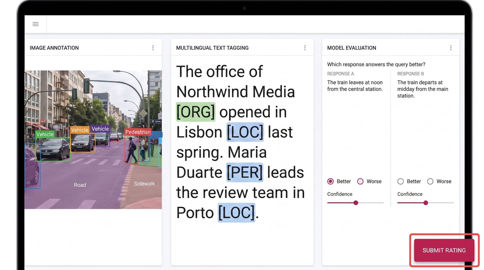 Multilingual AI data platform: image annotation, named-entity tagging, and model-output evaluation.