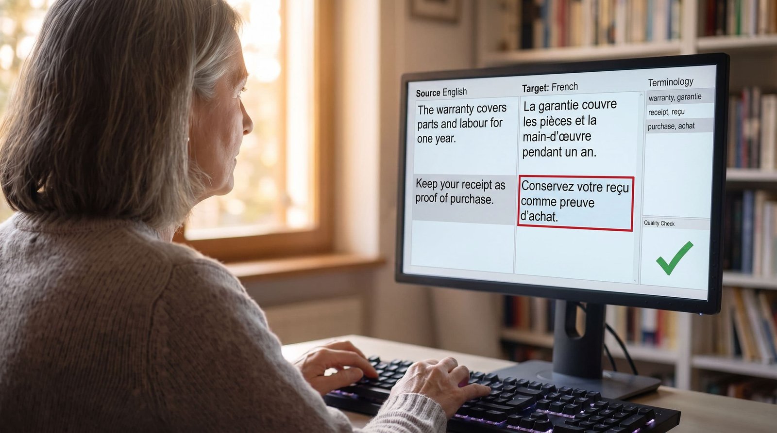 Senior localization linguist reviewing source and target segments in a computer-assisted translation tool.