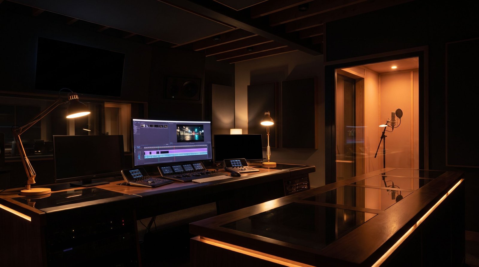 Media localization studio with a subtitle timeline, audio waveform, and a dubbing booth.