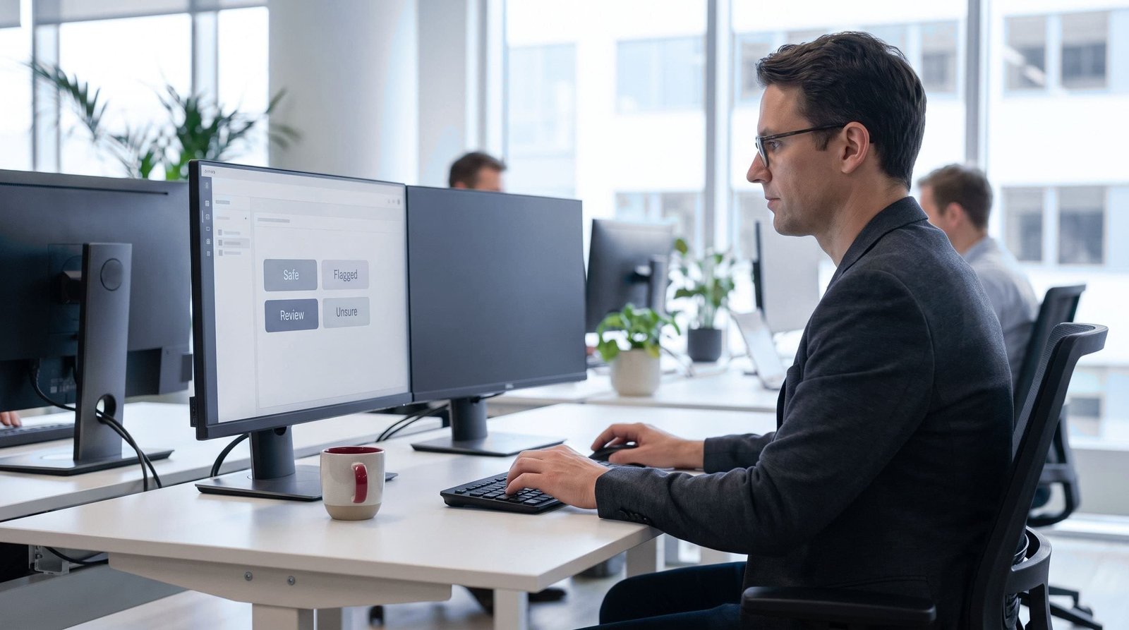 Content safety review buyer guide visual: A content-safety reviewer at a workstation classifying an item as safe, flagged, review, or unsure.