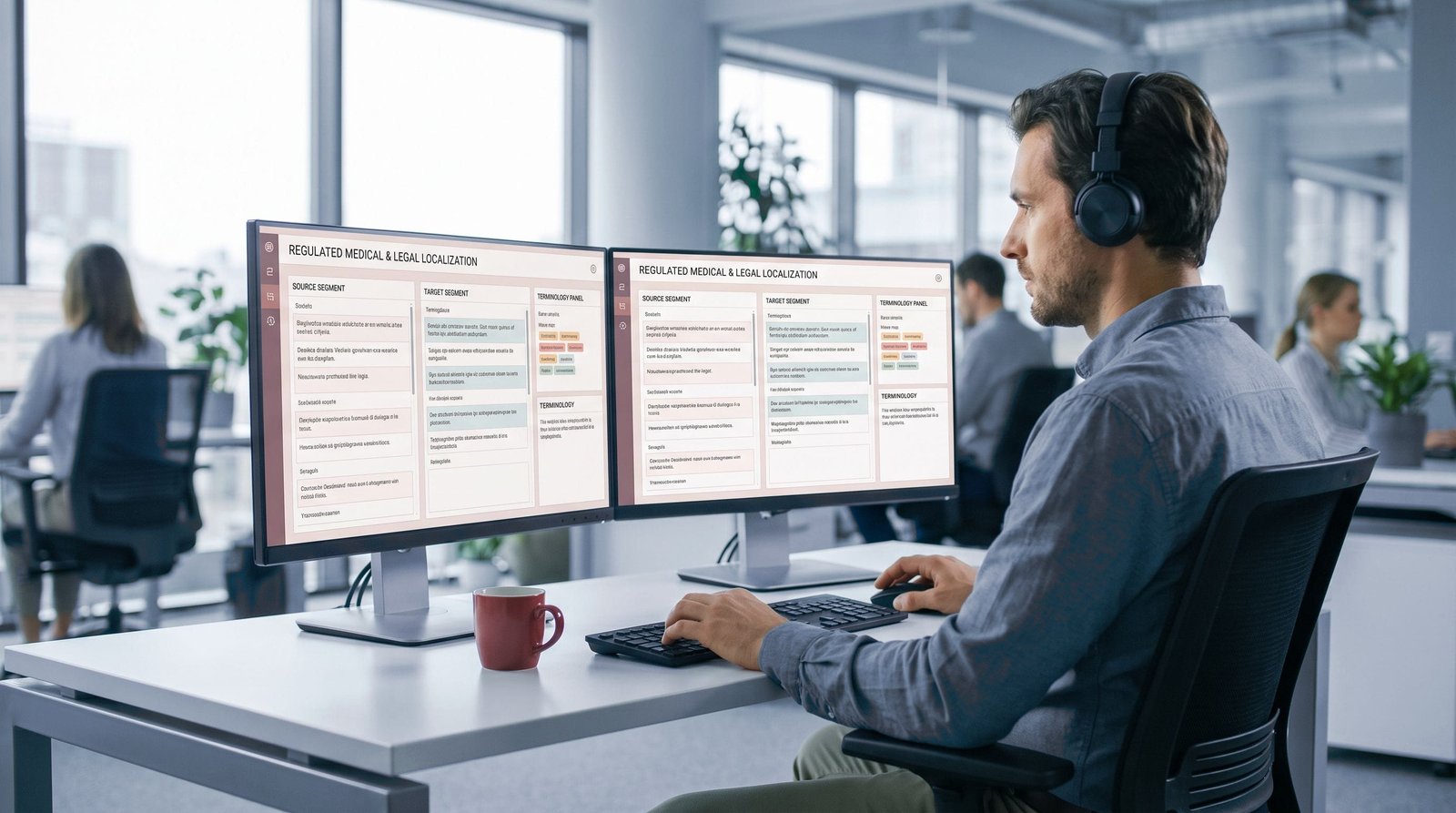 Regulated localization QA buyer guide visual: Regulated medical and legal localization interface with source and target segments on screen.