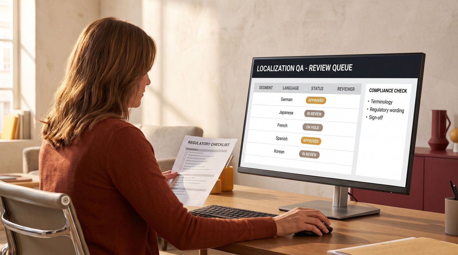 Regulated localization QA buyer guide visual: Regulated localization review queue with compliance status labels on screen.