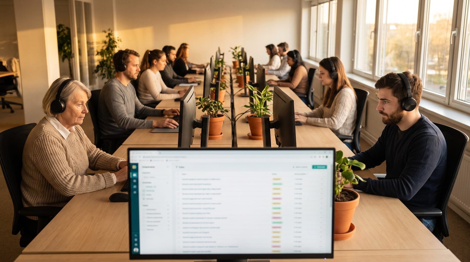 Multilingual audio intelligence visual: A language-operations floor working a multilingual audio queue across many desks.