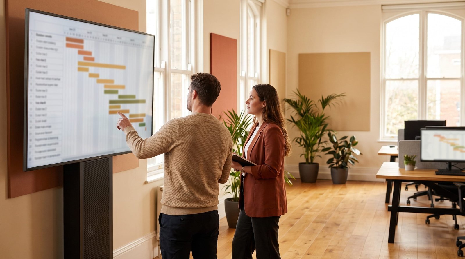 Compressed audio collection visual: Delivery coordinators reading a compressed multi-language schedule off a planning board.