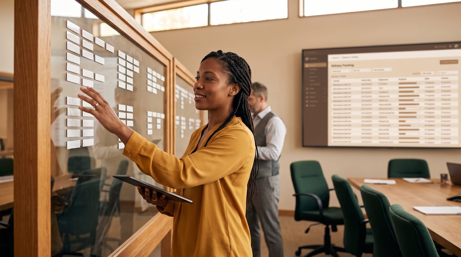 Low-resource delivery continuity: A delivery coordinator reviewing parallel language lanes.