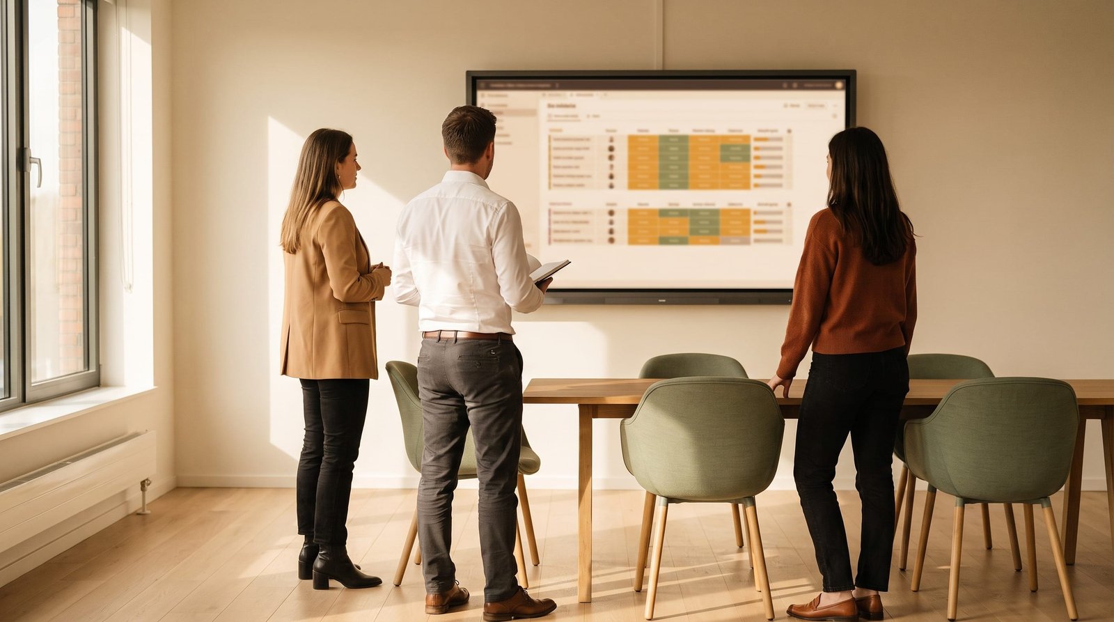 Multilingual LLM output evaluation visual: An evaluation team reading a multi-dimensional scoring matrix off a wall display.