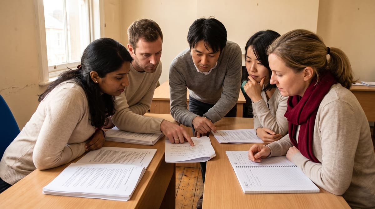 In the room with the engineers: Linguists and engineers around one shared page rather than a remote queue.