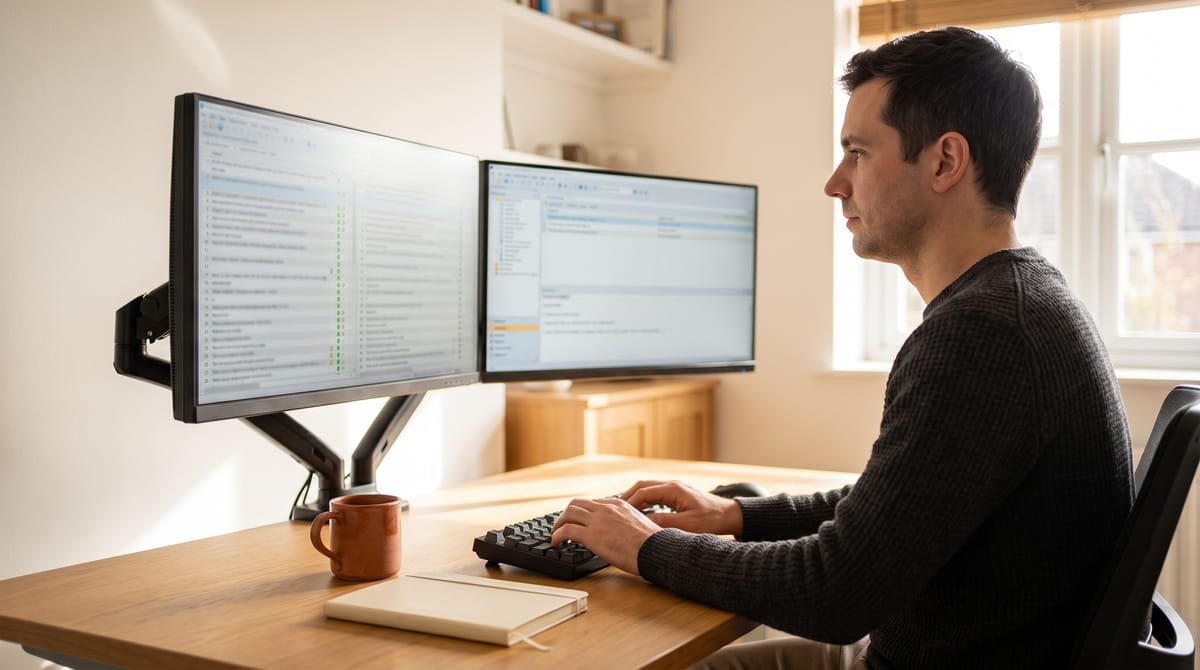 Rare-language TEP surge: A translator working through a long rare-language segment queue on a dual-monitor workstation.