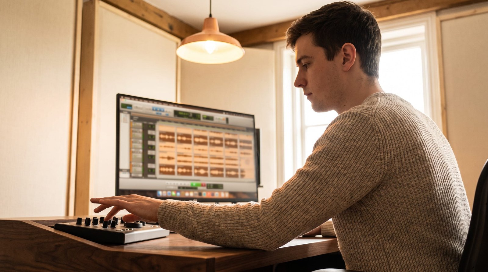 Japanese short-form audio: An audio editor working a bin of short-form clips in a digital audio workstation.