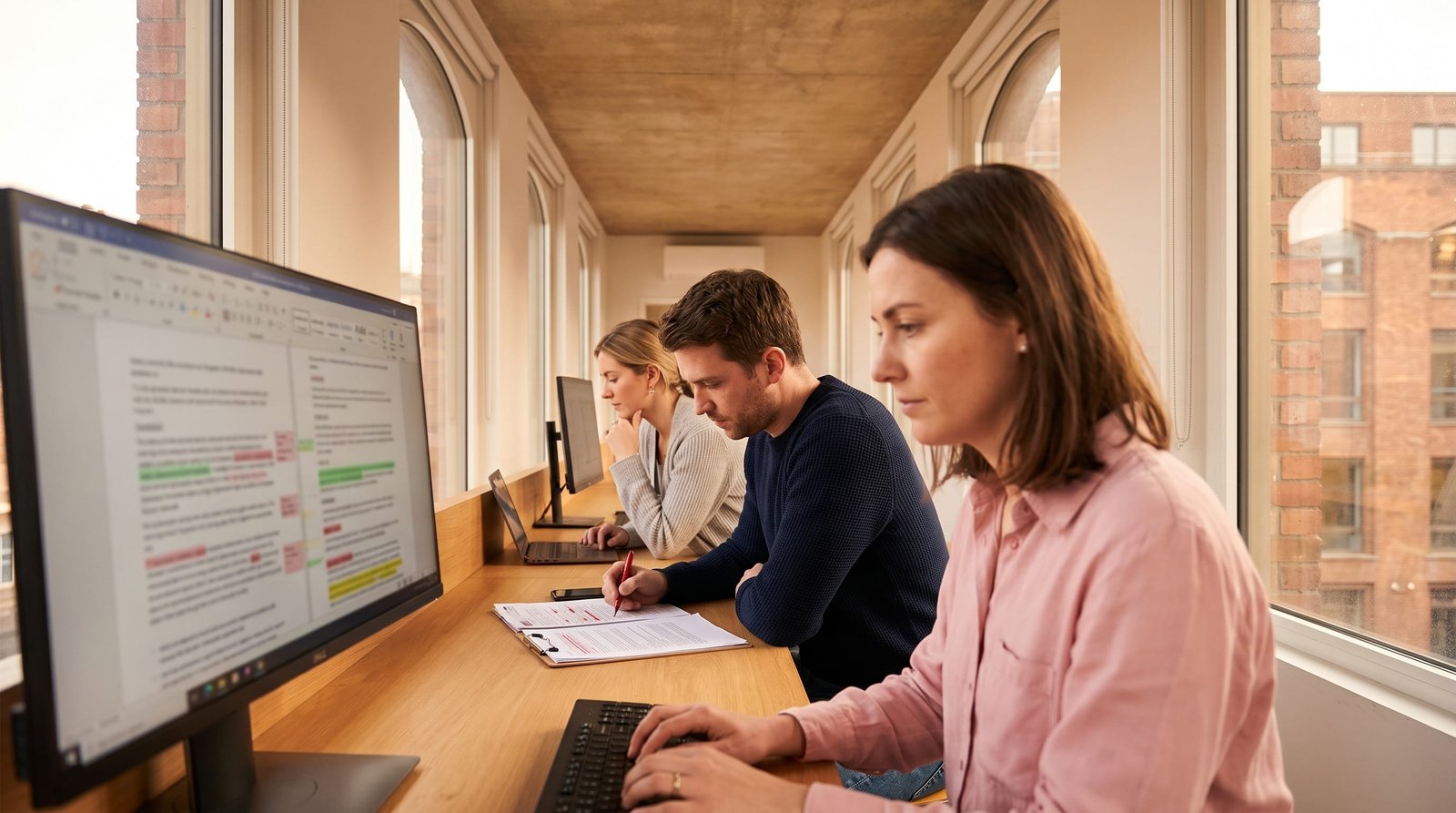 Rare-language TEP, two phases: Three linguists working the translate, edit, and proofread stages of the same document side…