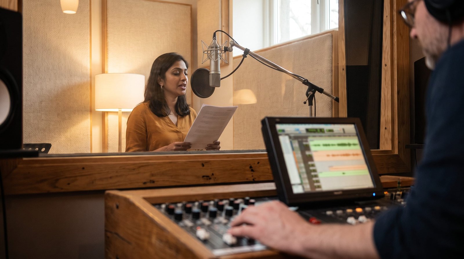 Voice data, 500 hours: A voice contributor recording in a booth while an engineer runs the session from the console.