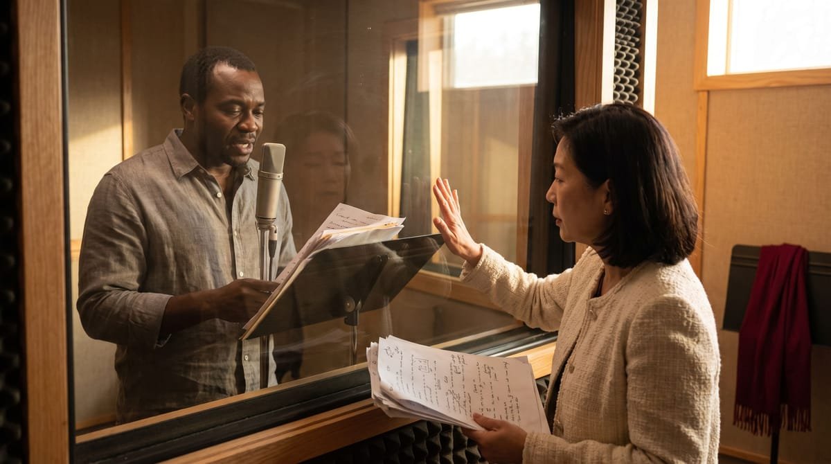 Directed, not dubbed: A voice contributor directed mid-phrase, the director marking pacing on her own copy of the script.