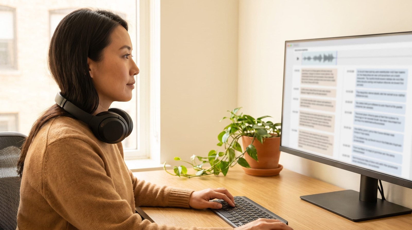 Voice-bot transcription: A reviewer transcribing the human side of a two-channel voice-bot conversation.