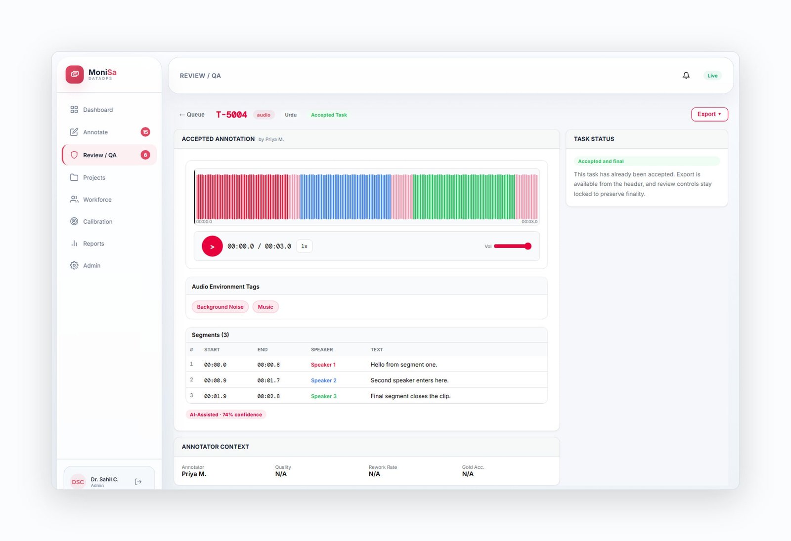 Audio and speech: MoniSa DataOps audio-review workspace with waveform, timestamps, and segment-level review.