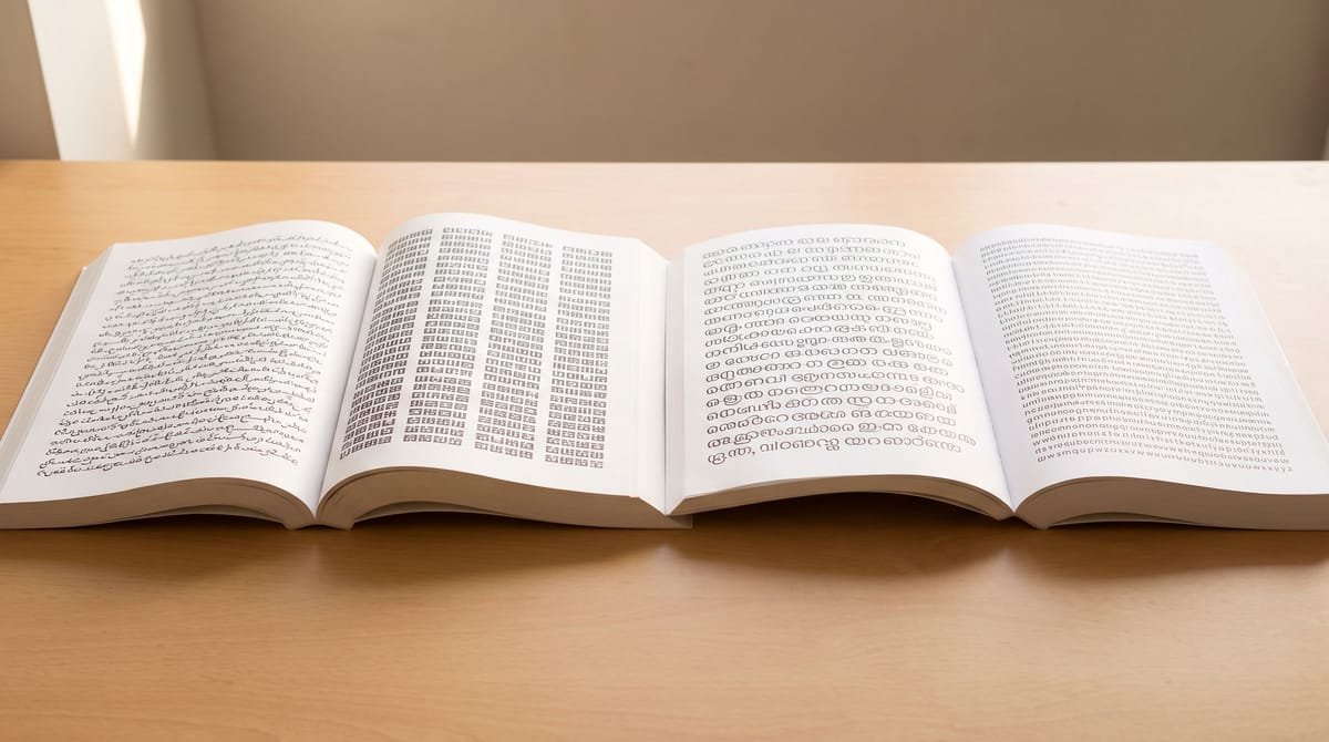 Coverage is a shelf, not a list: Reference material in several different writing systems, shelved side by side.