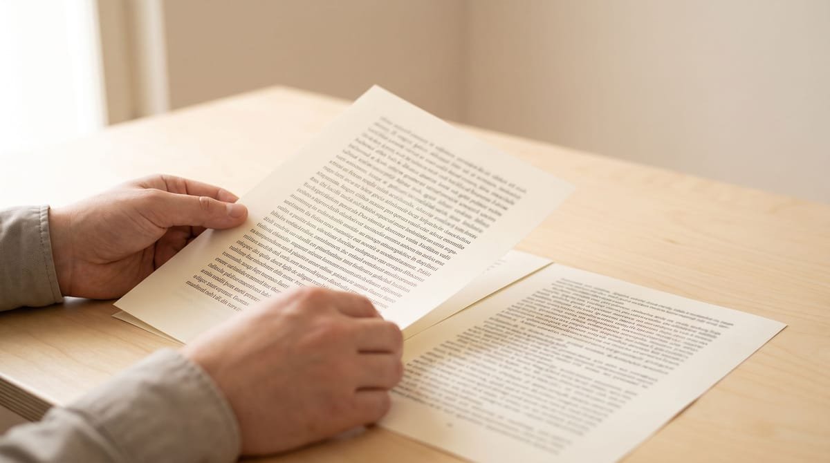 Acholi translation visual: Two hands squaring a printed translation against its source page.