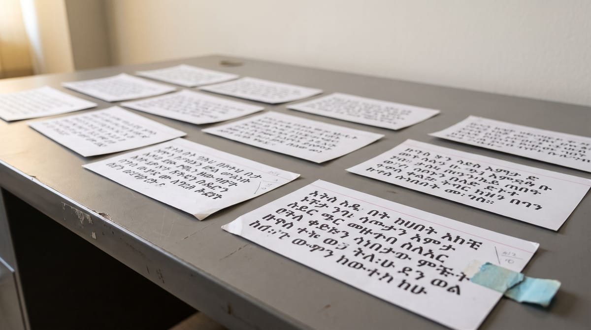 Amharic translation visual: Terminology index cards laid out in three uneven rows.