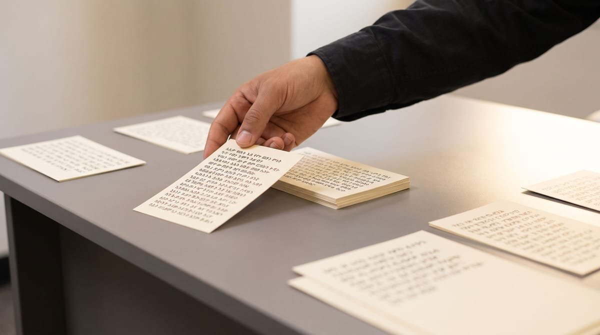 Amharic translation visual: A hand moving one card from the middle group across to the left.