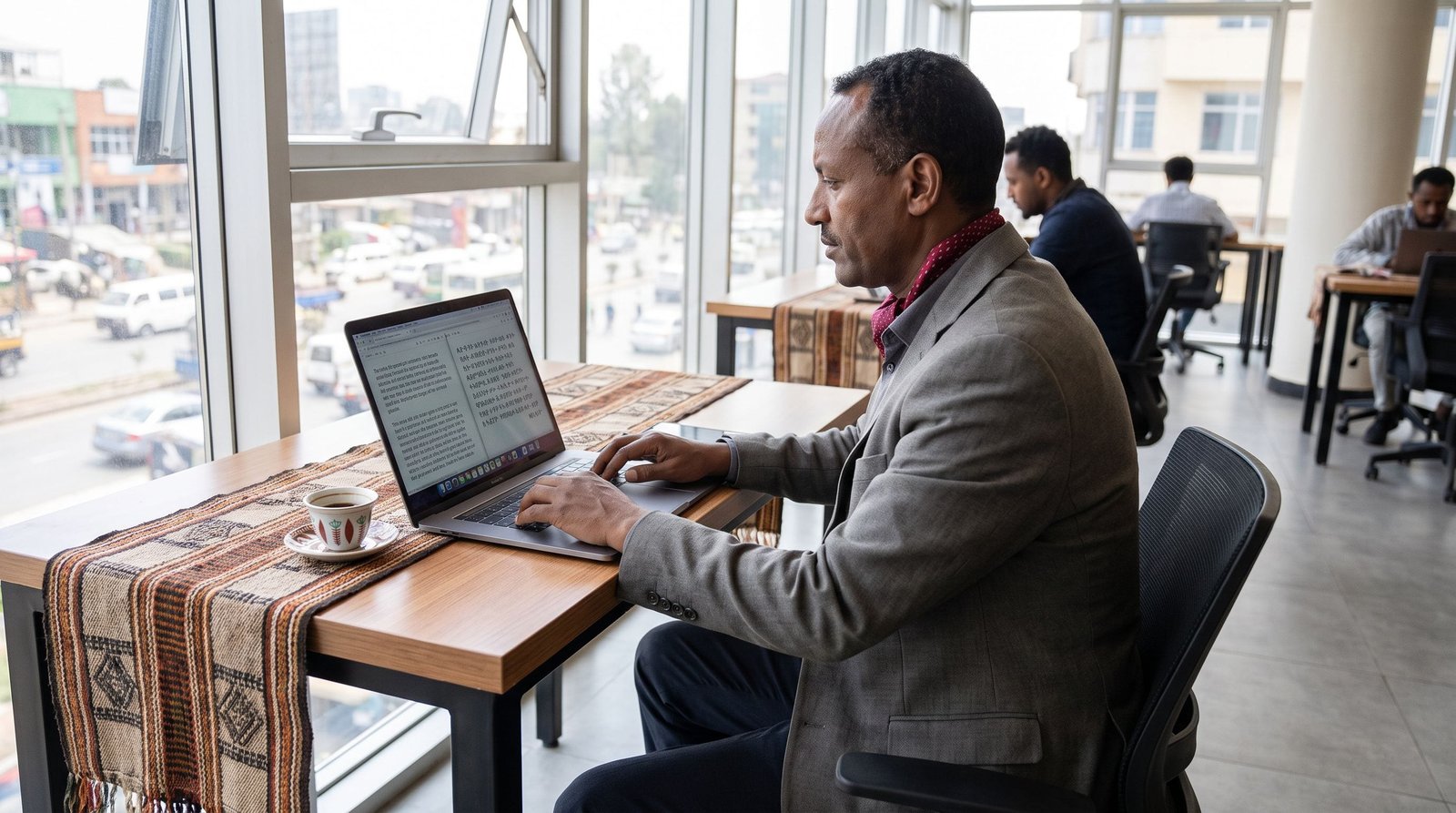 Amharic translation visual: Amharic language reviewer and coordinator studying multilingual reference materials.