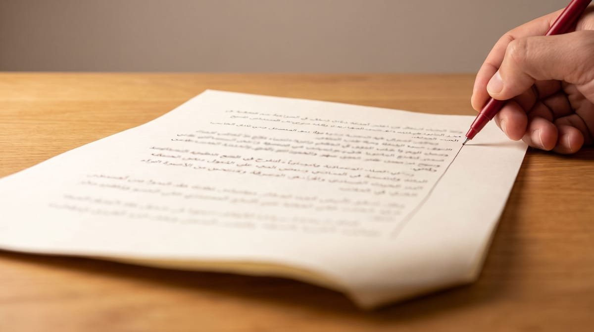 Arabic translation visual: A printed proof marked down the right margin, a fine red pen across it.