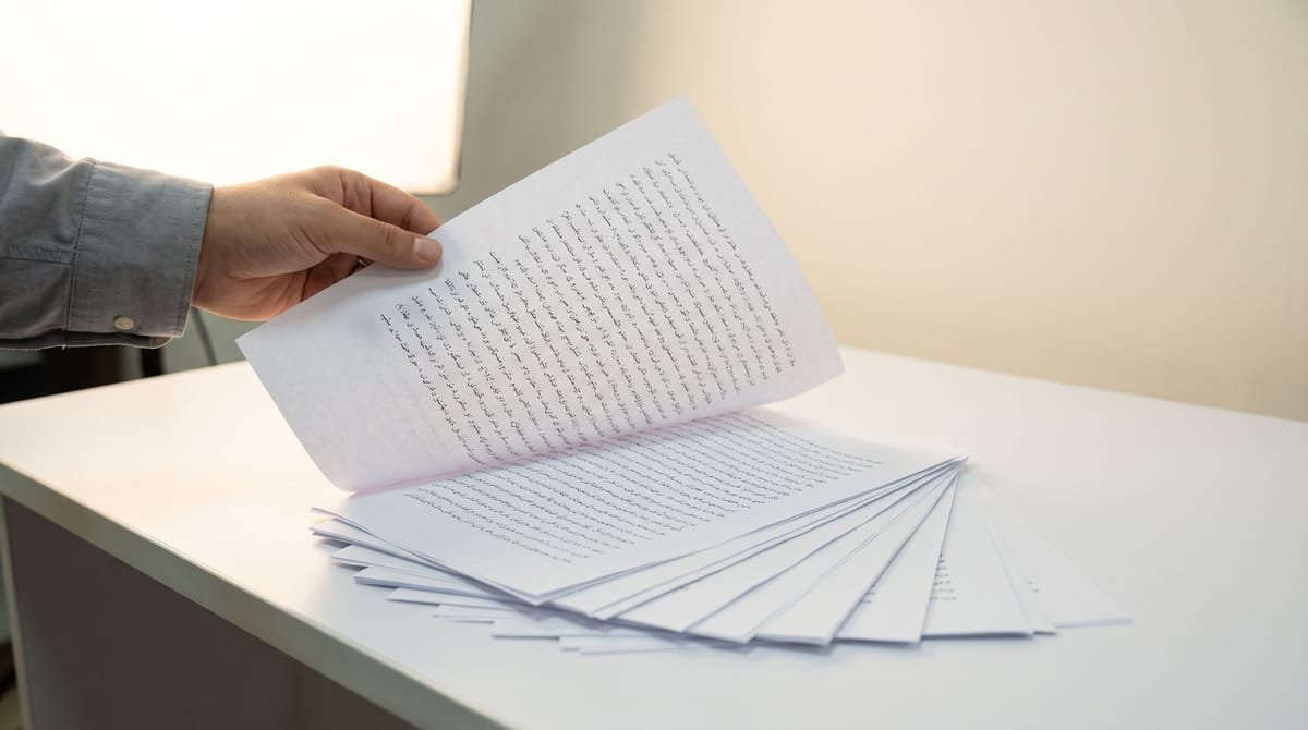 Balochi translation visual: Loose printed pages fanned wide, one lifted clear of the others.