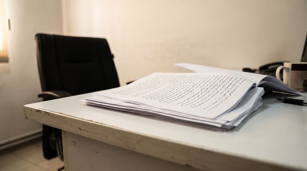 Balochi translation visual: A desk with the work left mid-page and the chair pushed back, nobody in the frame.