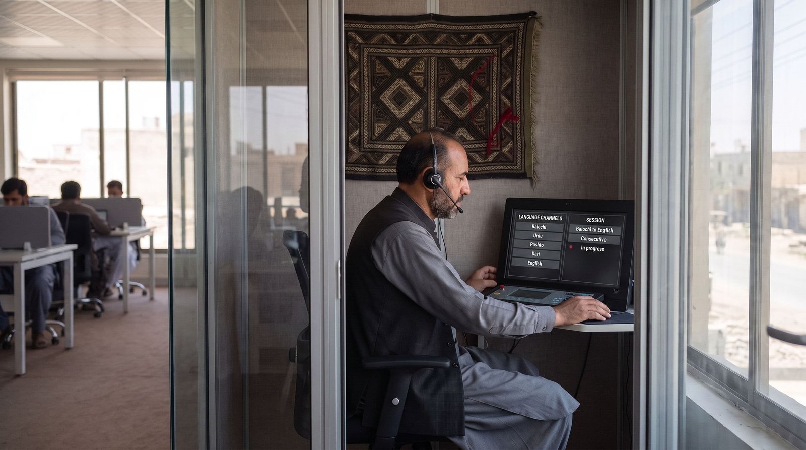 Balochi translation visual: Balochi language reviewer and coordinator discussing multilingual reference materials.