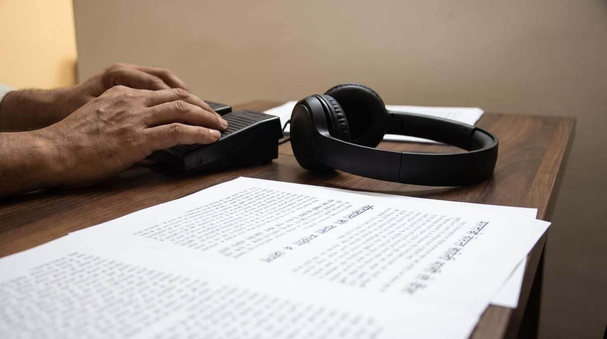 Bhojpuri translation visual: Hands resting on a transcription pedal, headphones set down beside them.