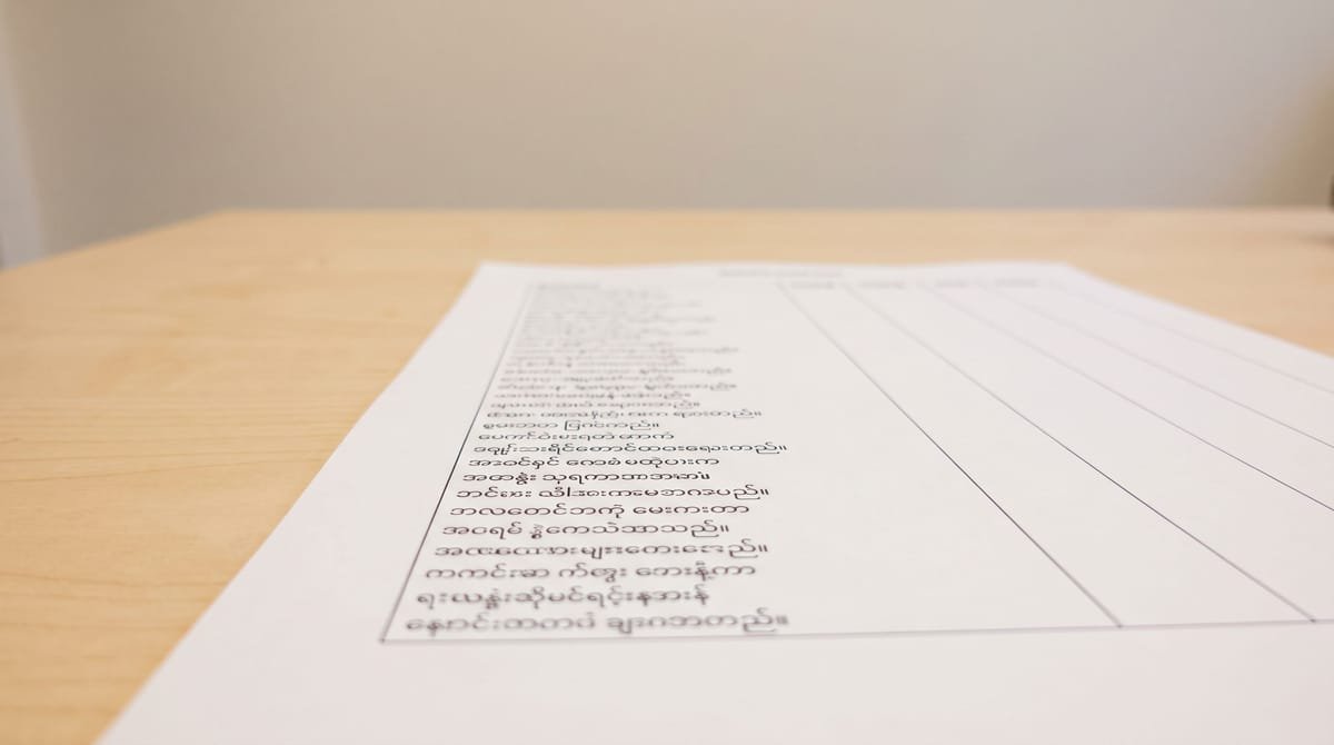 Burmese translation visual: A subtitle spotting sheet ruled into narrow timing columns.