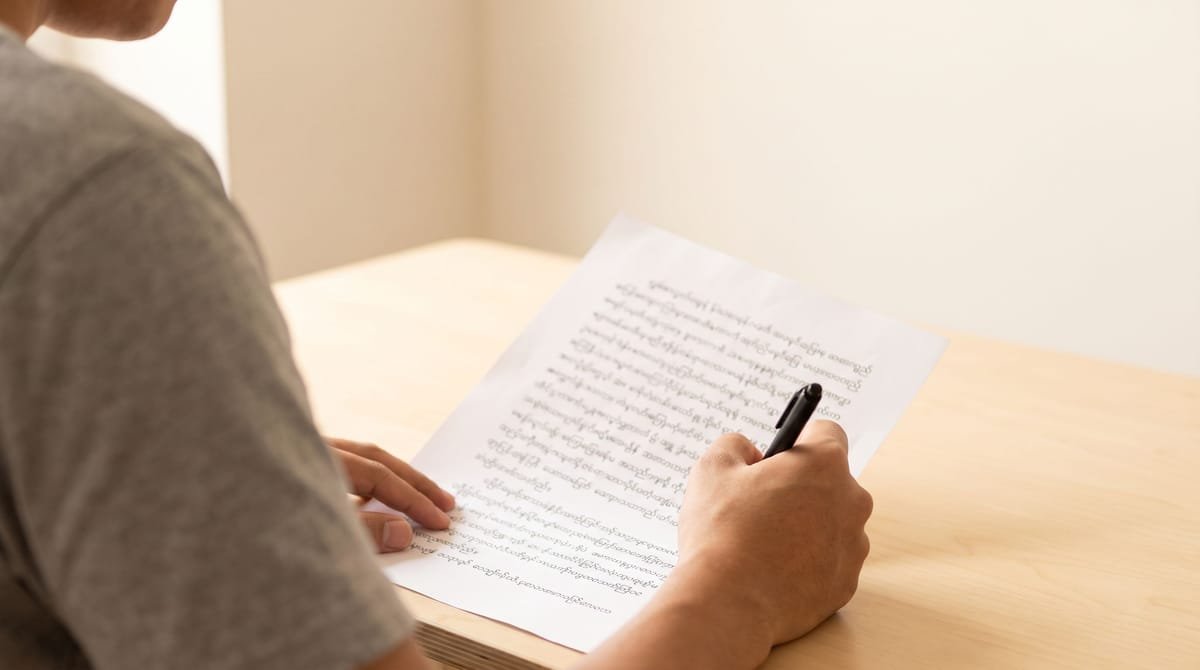 Burmese translation visual: A pen poised above a column.