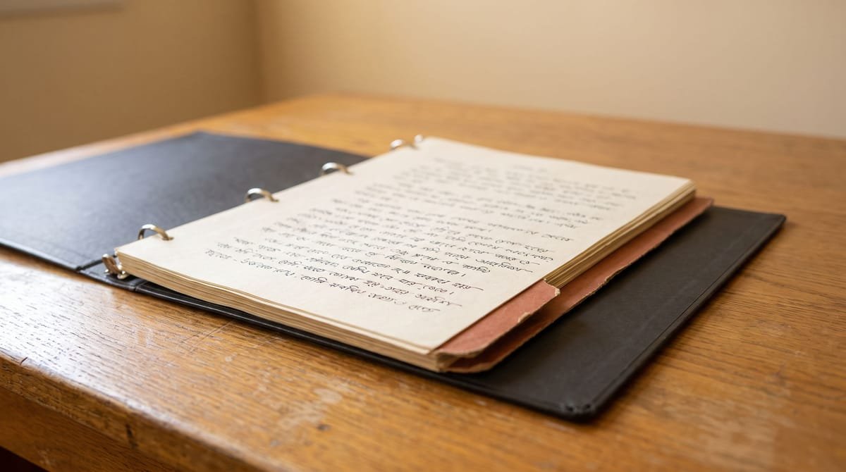 Chittagonian translation visual: A tabbed ring binder open at a colour-coded divider.