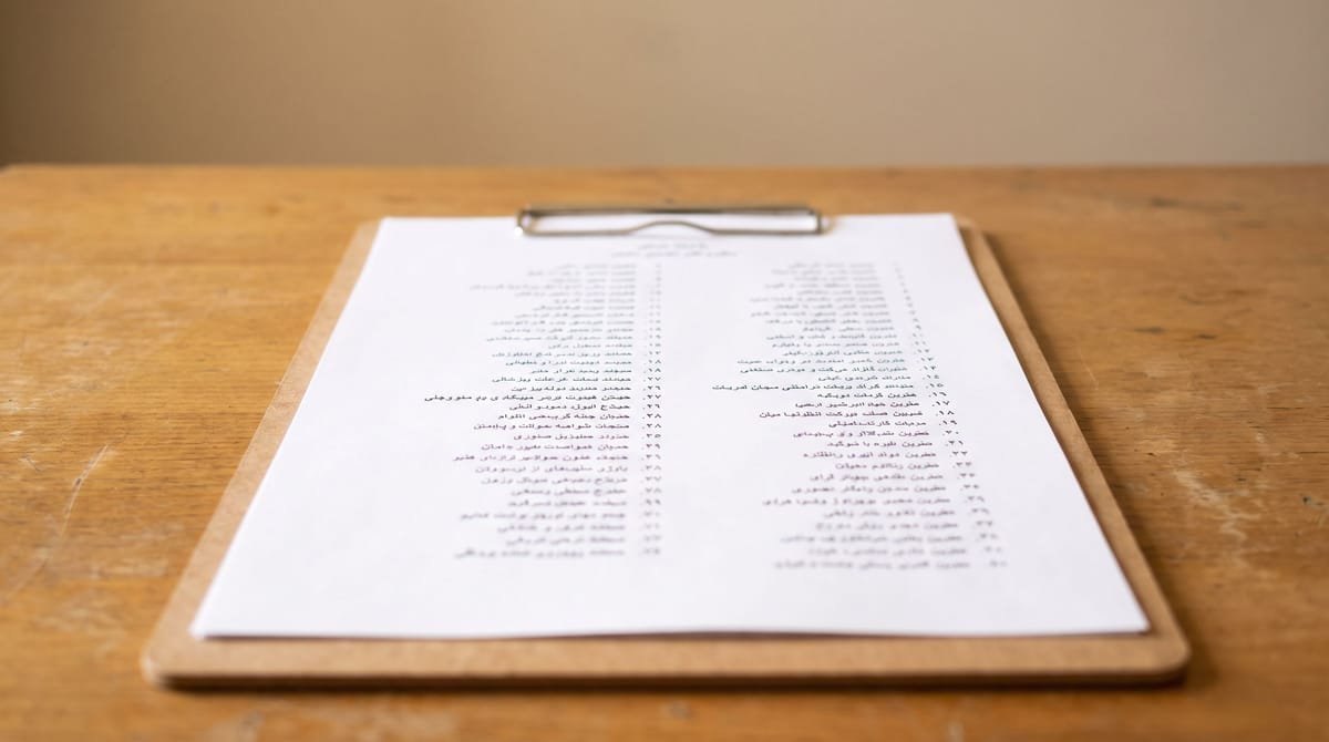 Dari translation visual: A style sheet clipped to a board, its rules numbered down the page.